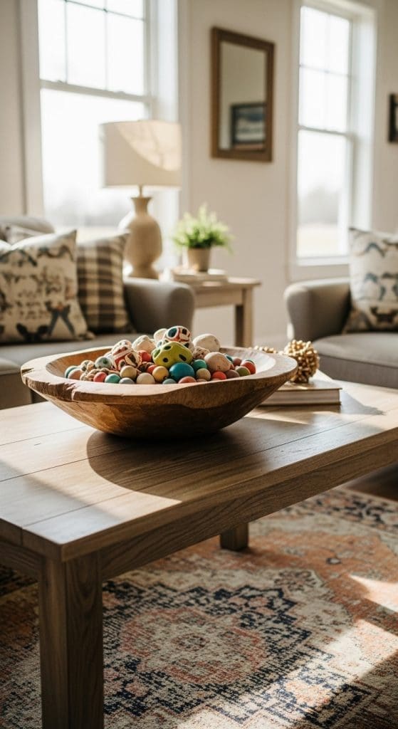 Large wooden bowl with decorative beads on rectangle coffee table