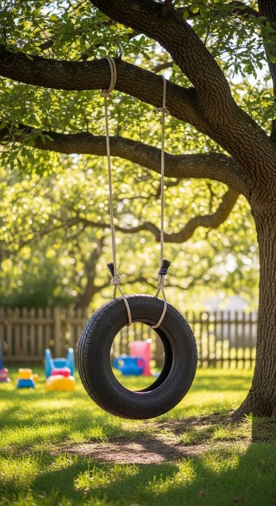 tire swing hanging for kids from a tree in backyard