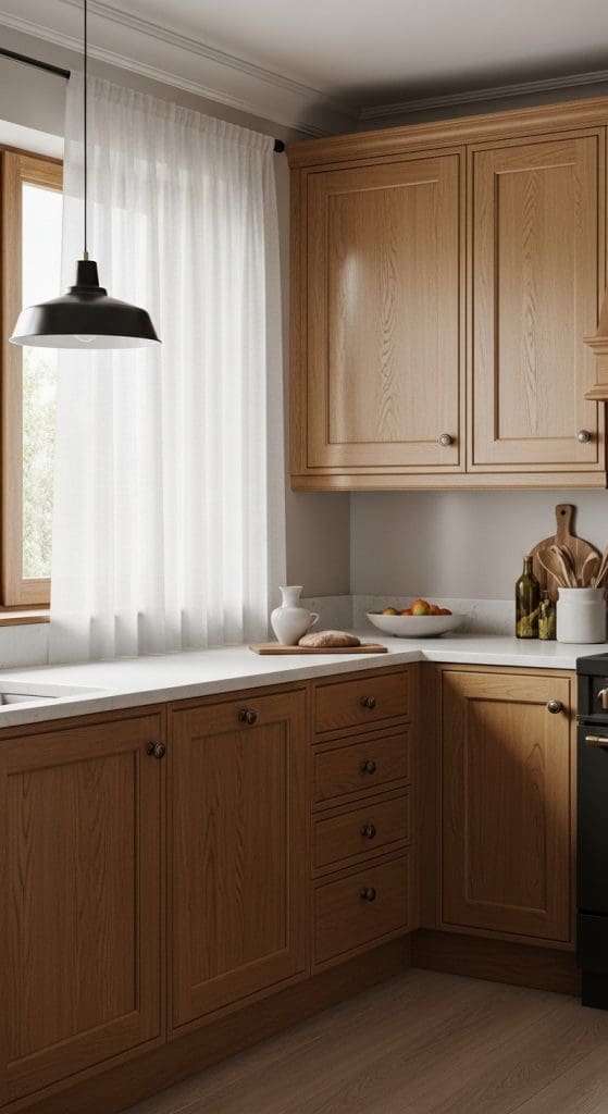 white linen curtains in Honey Oak Kitchen