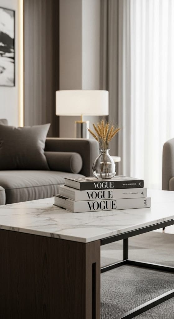 stacked books on coffee table with vase on top