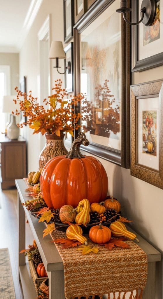 large ceramic pumpkin on console table for Entry Table Decor ideas