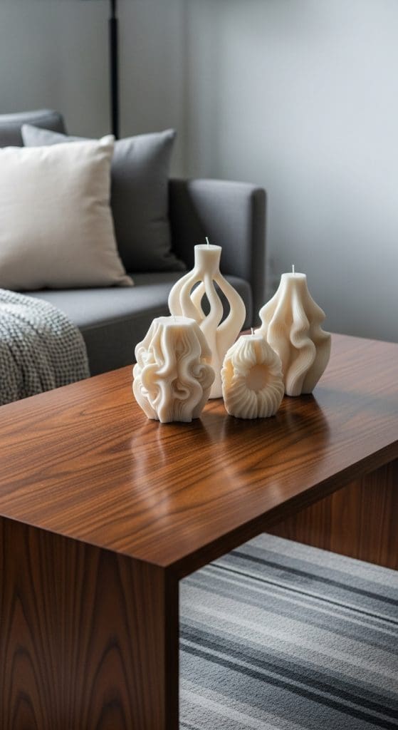 sculptural candles on top of coffee table