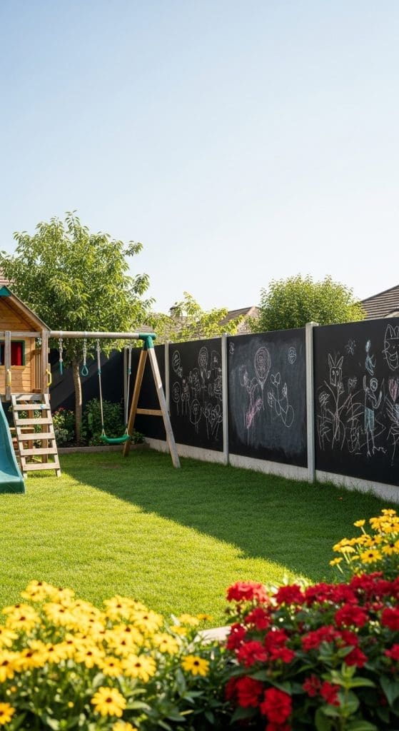fence turned into a large chalkboard for kids in the backyard