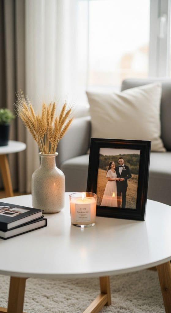 coffee table with clay vase and wheat grass, candle and picture of married couple in a black frame