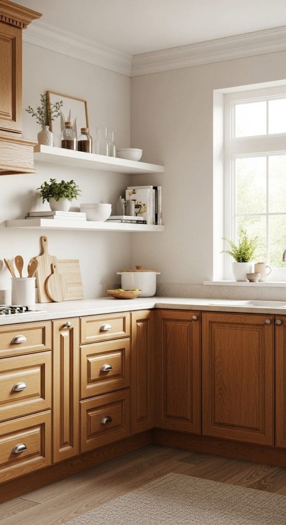 floating shelves in Honey Oak Kitchen