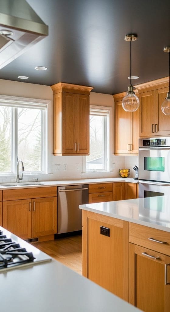 Honey Oak Kitchen grey ceiling