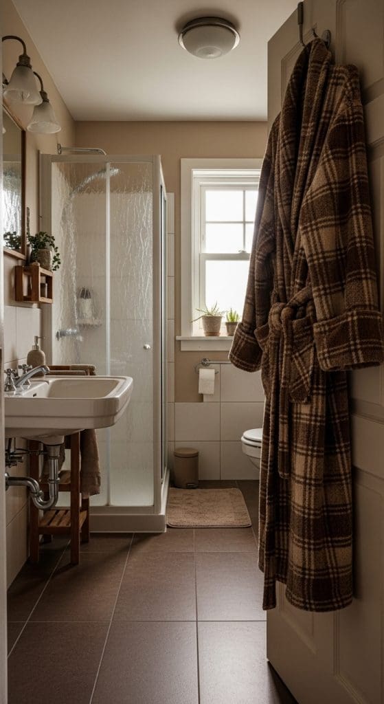 plaid gown on back of bathroom door