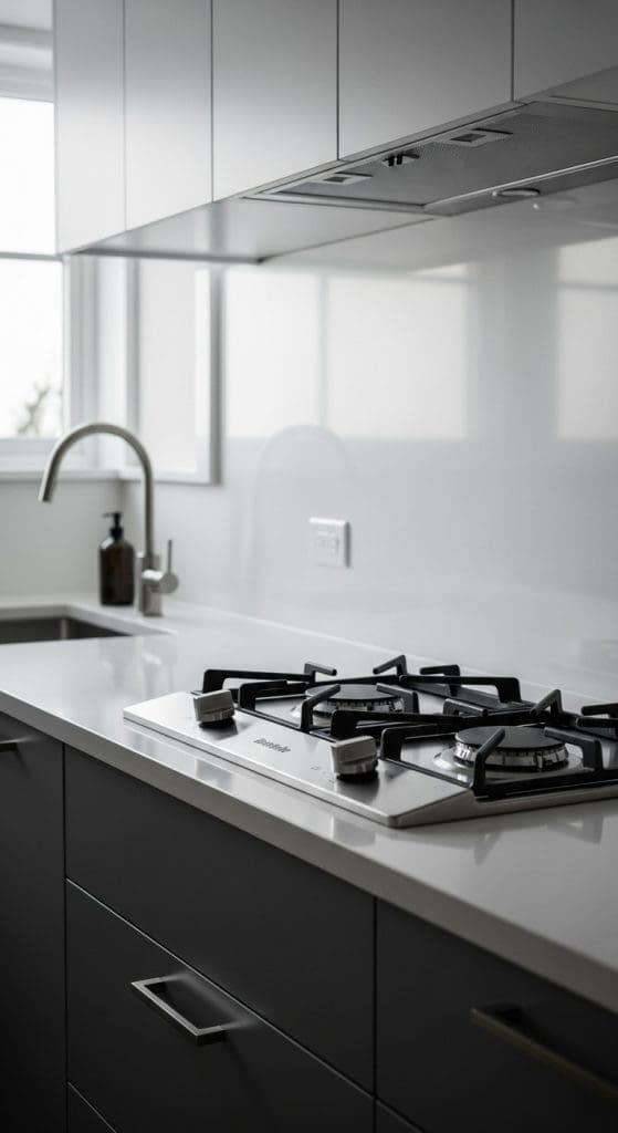 dual stove on top of kitchen units