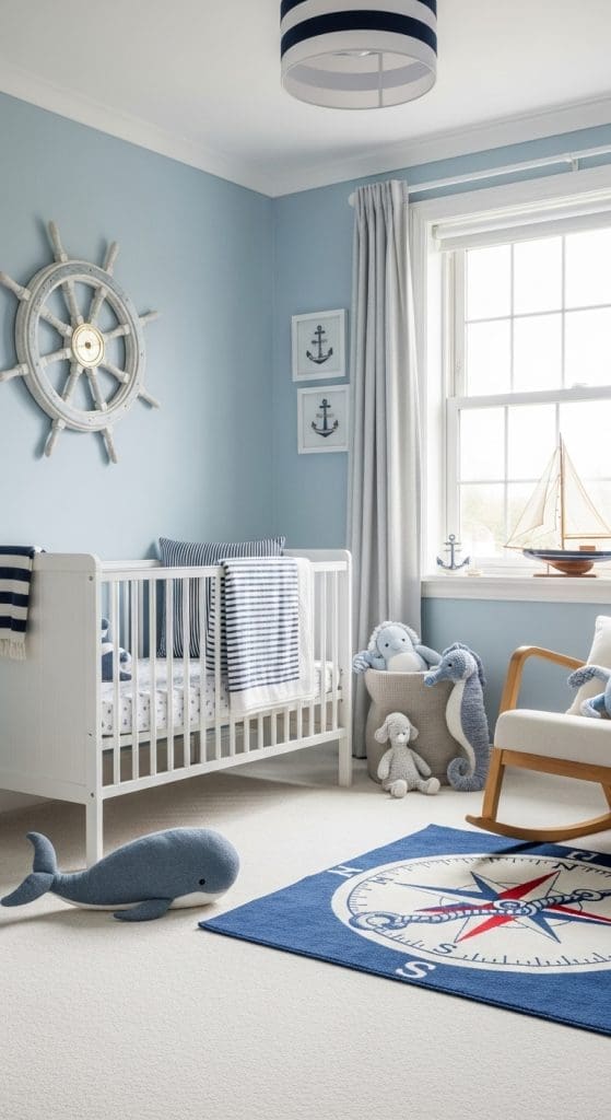 ship wheel hung on blue wall in nursery