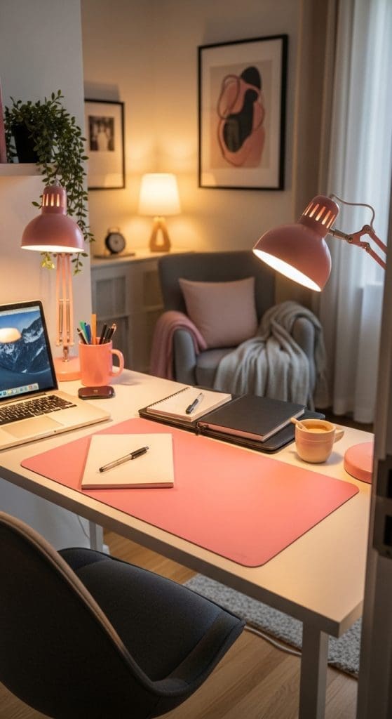plain pink deskmat in a small home office