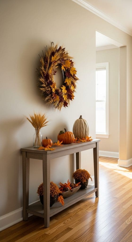 autumn wreath above console table with Fall Entry Table Decor