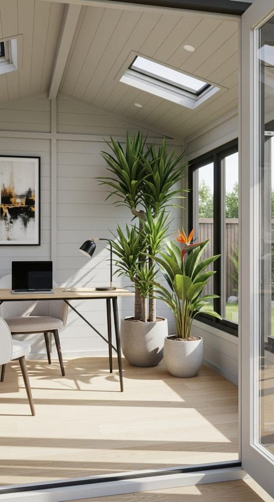 houseplants in garden shed office