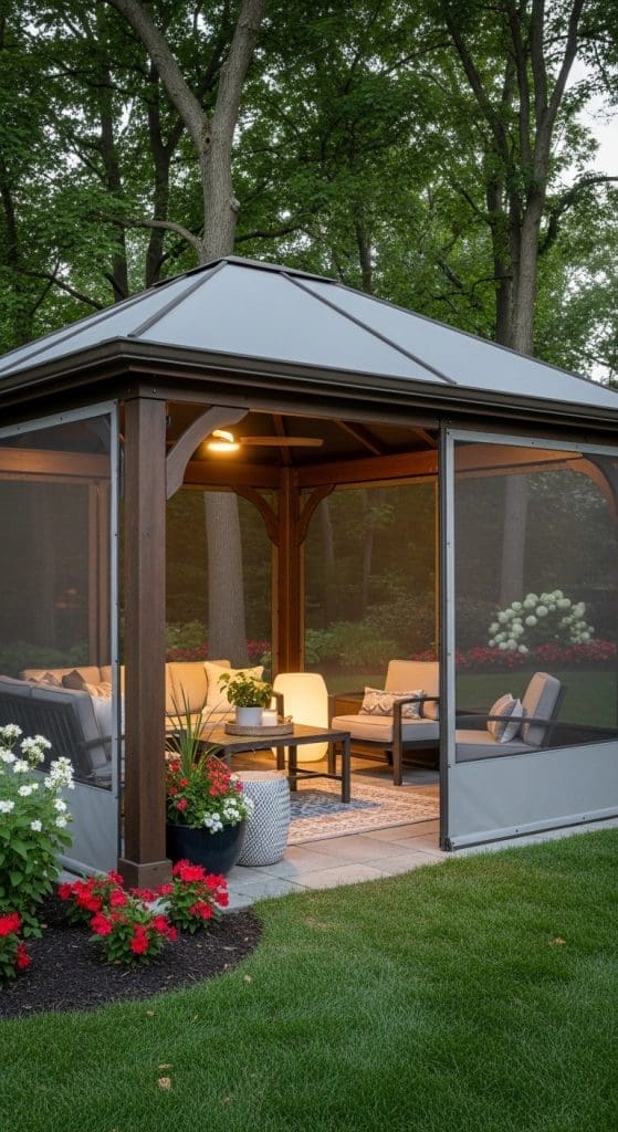 gazebo with side panels in backyard