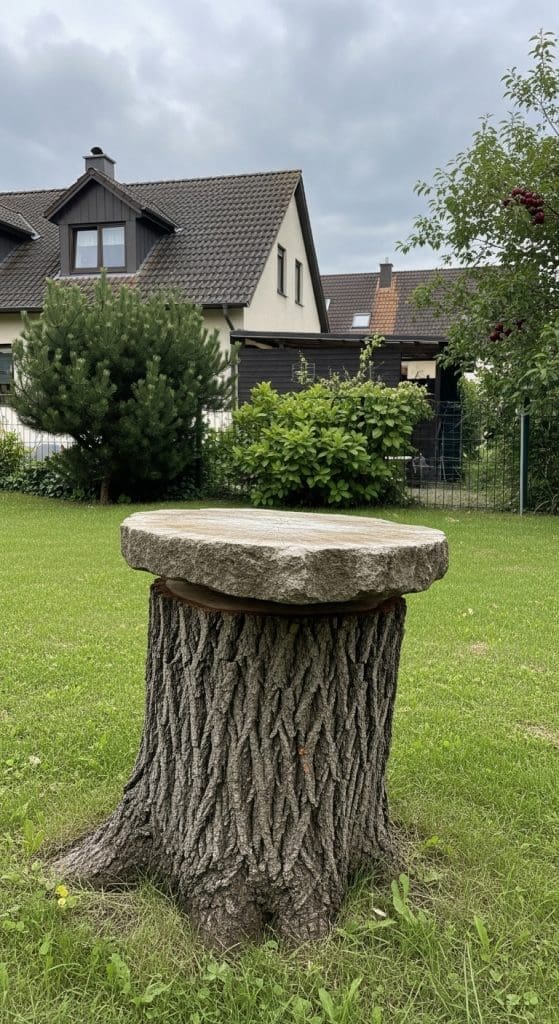 round circular stone sitting on top of a tree stump