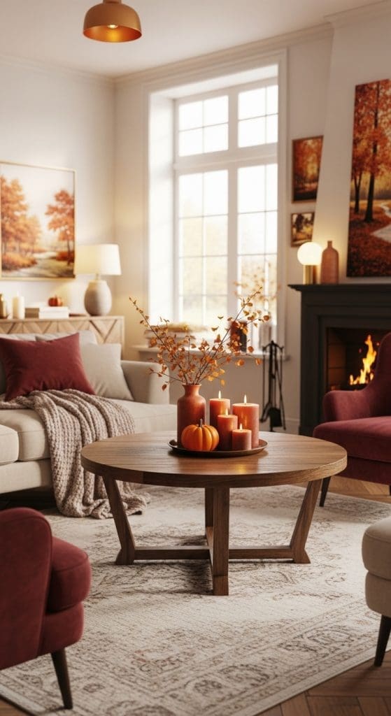 Fall decor on coffee table in cozy living room