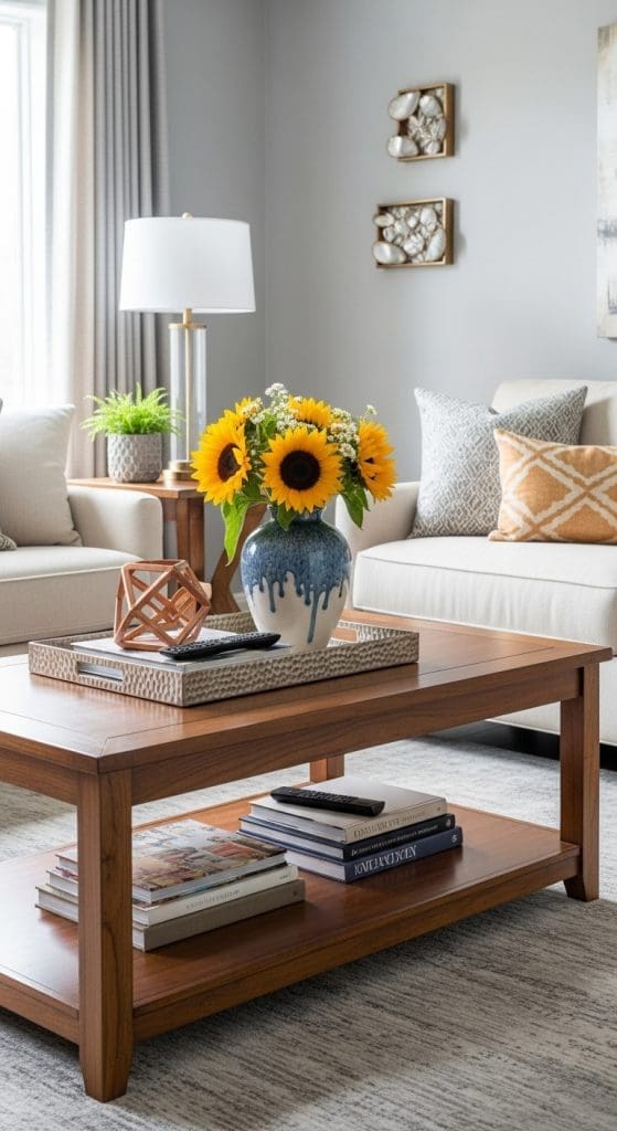metallic and sculptural vase on silver tray on coffee table
