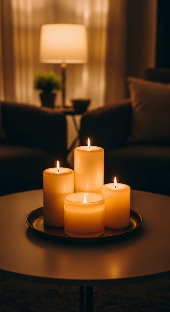 lit candles on round coffee table