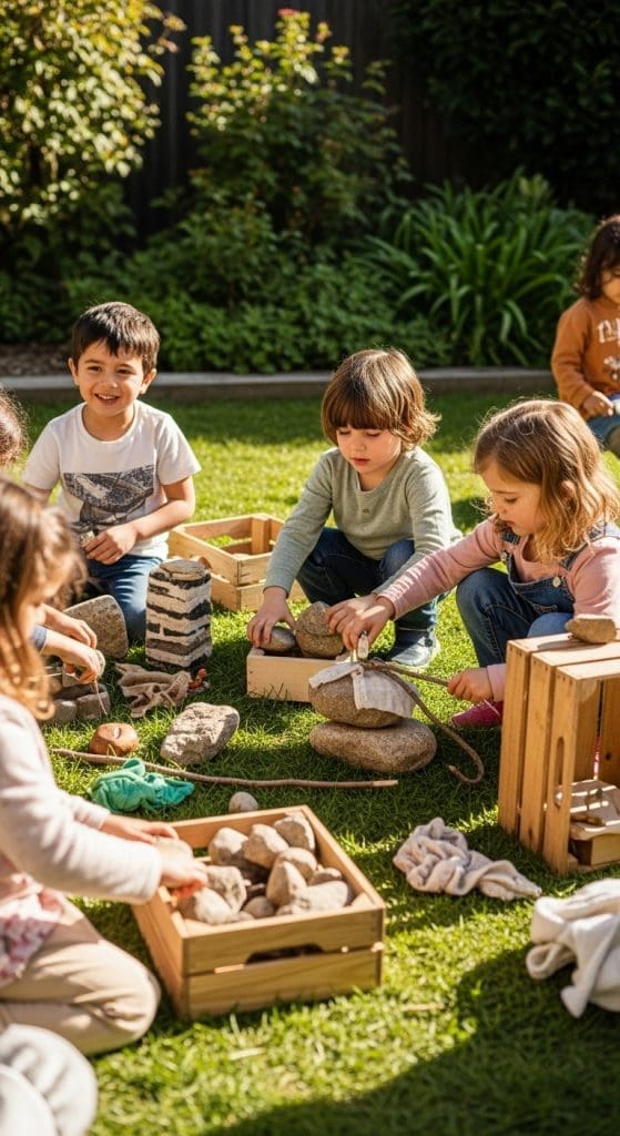 kids playing with crates and stones