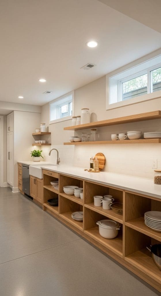 open kitchen shelves in Basement Kitchen