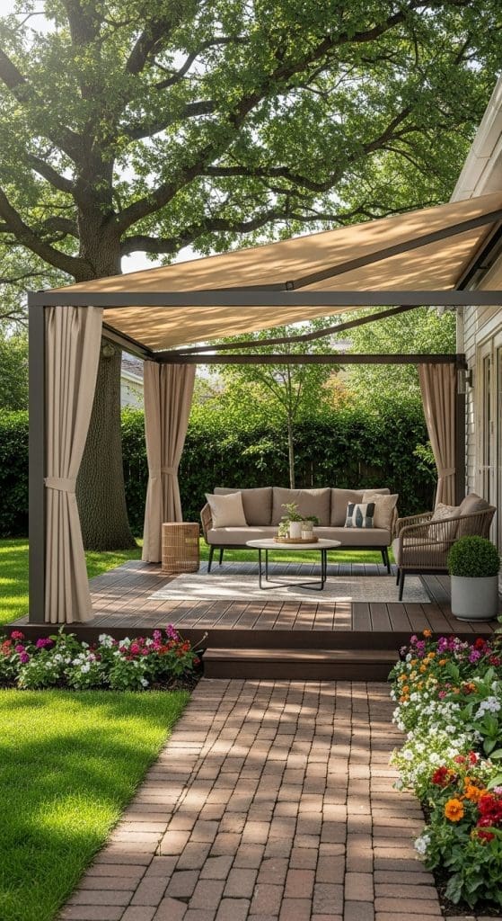 pergola with material and side curtains on patio