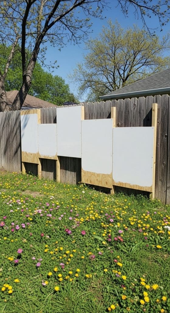 white painted boards on fence for art work