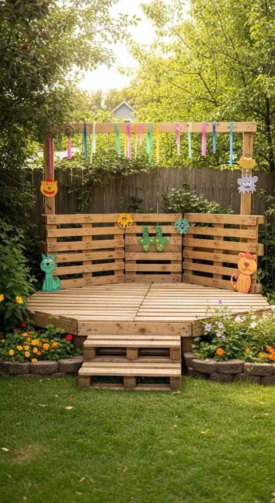 stage made from pallets for kids in backyard