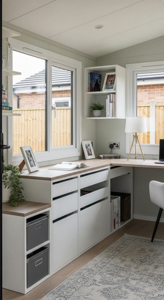 built in desk in shed office