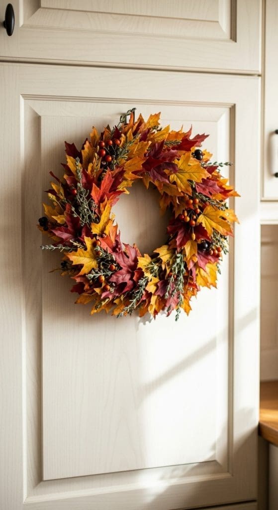 fall leaf wreath on pantry door