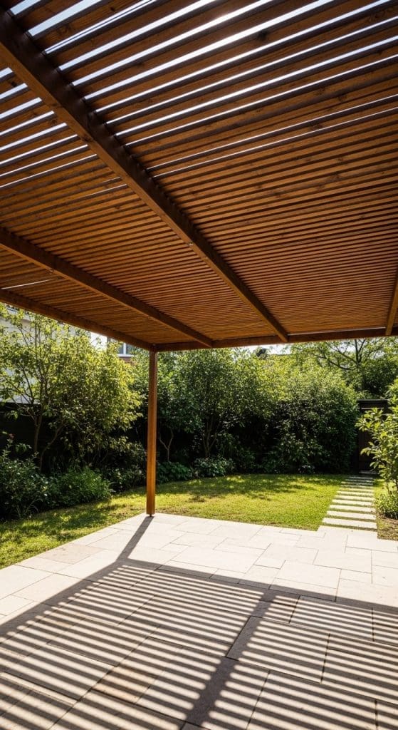 wooden slated roof pergola