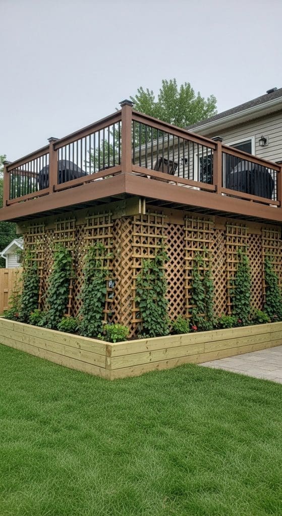 Trellis with climbing plants as deck skirting