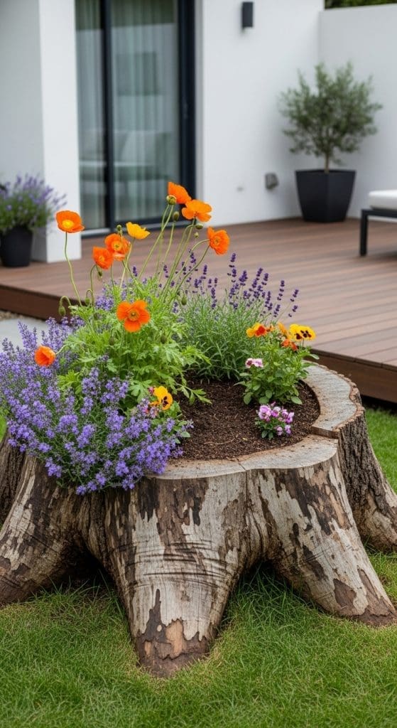 Tree Stump Decor flower bed