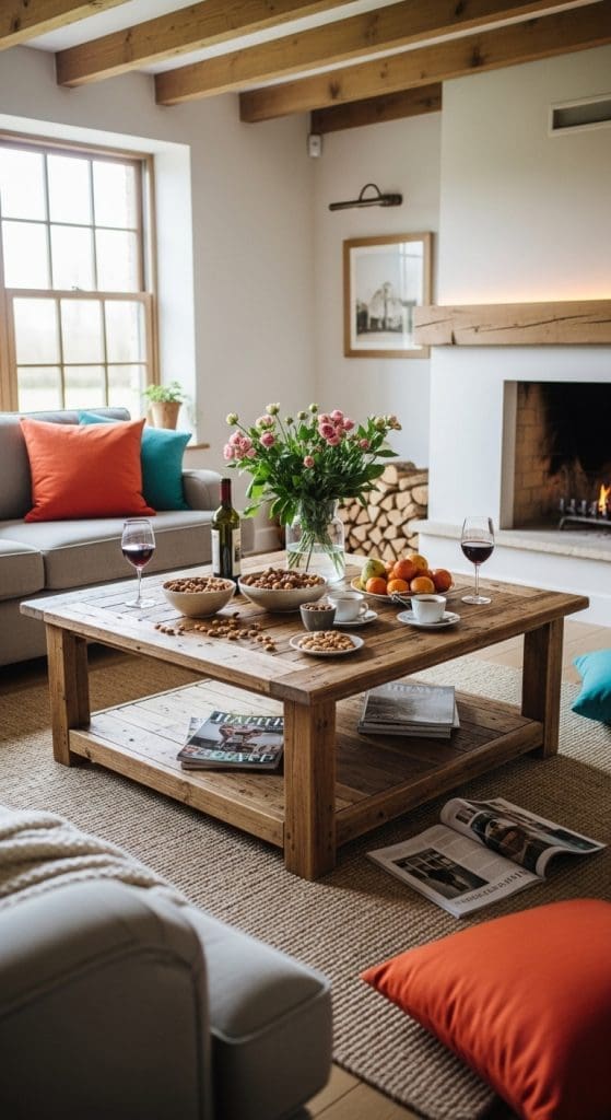 Coffee Table Styling with functionality with snacks and bottle of wine