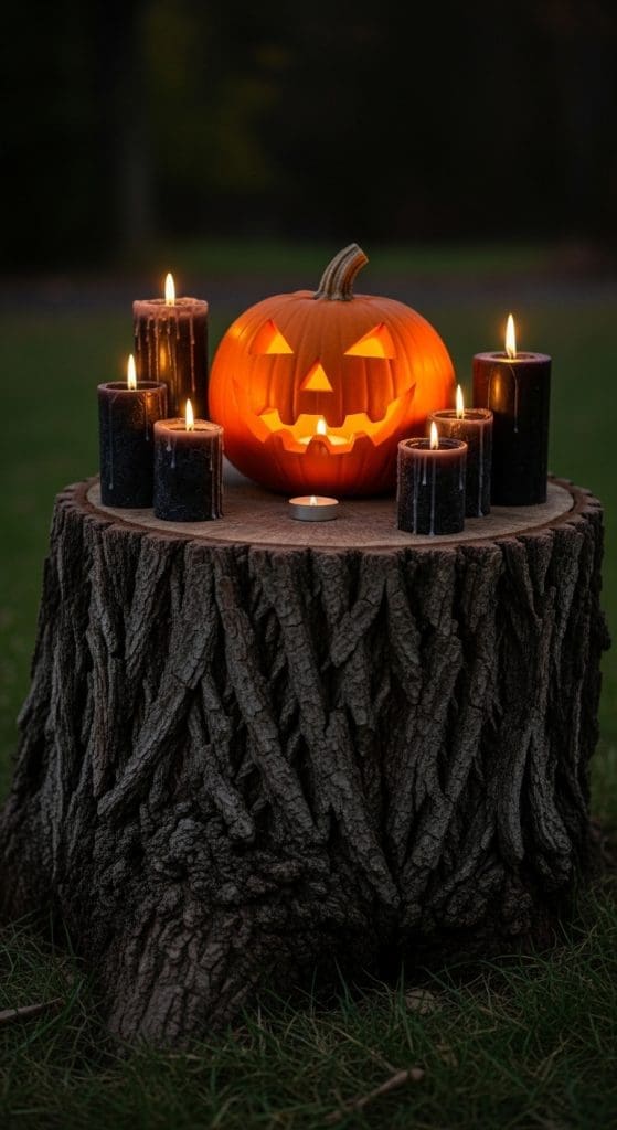 halloween pumpkin and candles on top of a tree stump