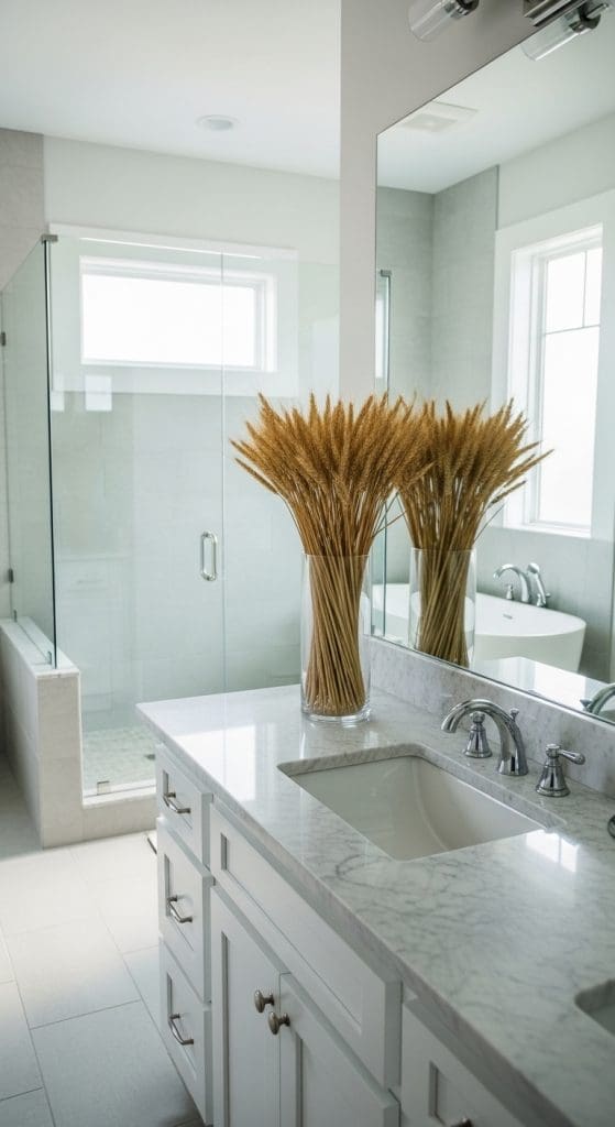 wheat bundle in glass vase on sink