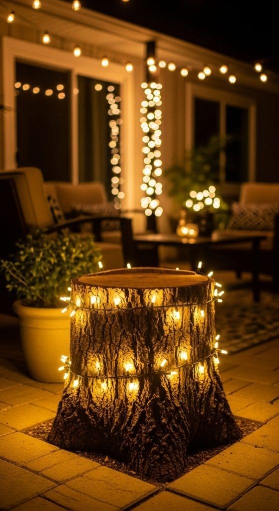 fairy lights wrapped around tree stump