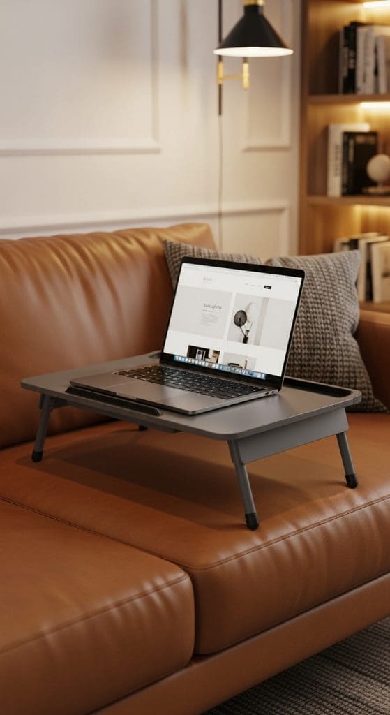 grey lap desk on a brown leather sofa