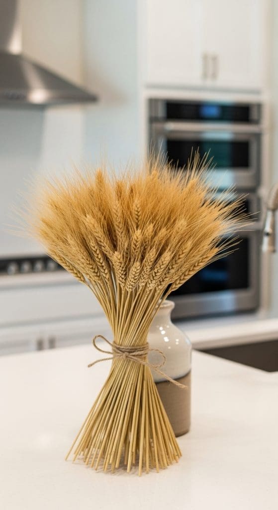 bundle of wheat grass tied with twine on kitchen counter