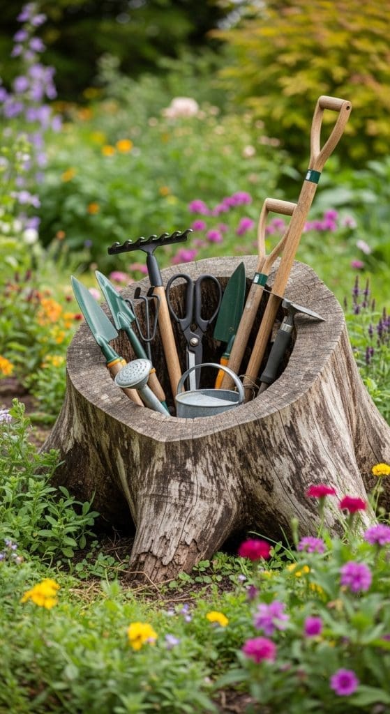 a tree stump hollowed out with garden tool stored inside