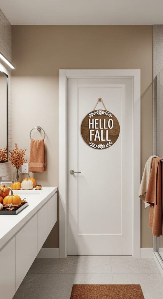 wooden sign on bathroom door that says "Hello Fall"