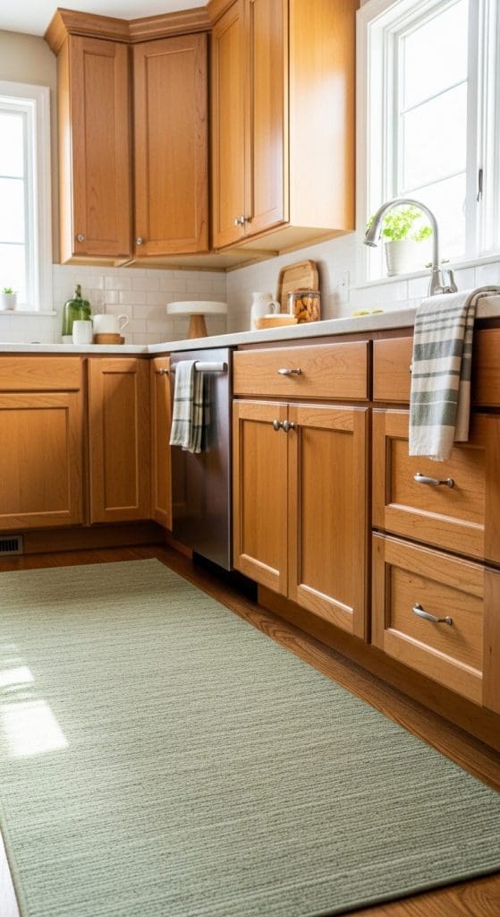 green runner rug in kitchen