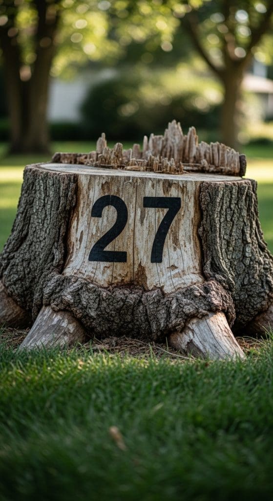 number stuck onto a tree stump at the front of a house