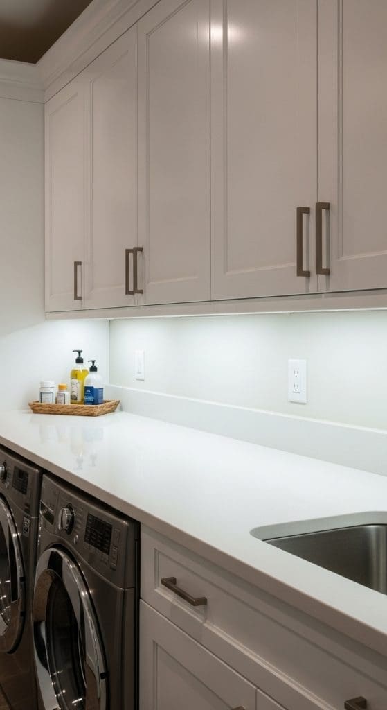 LED Lighting Beneath Wall Cabinets Over the Countertop in laundry room
