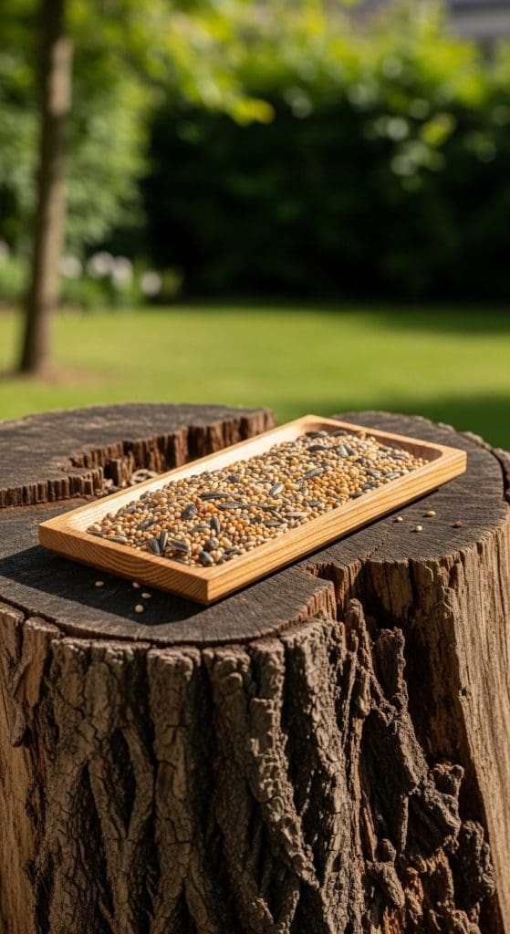 bird feeder on top of tree stump