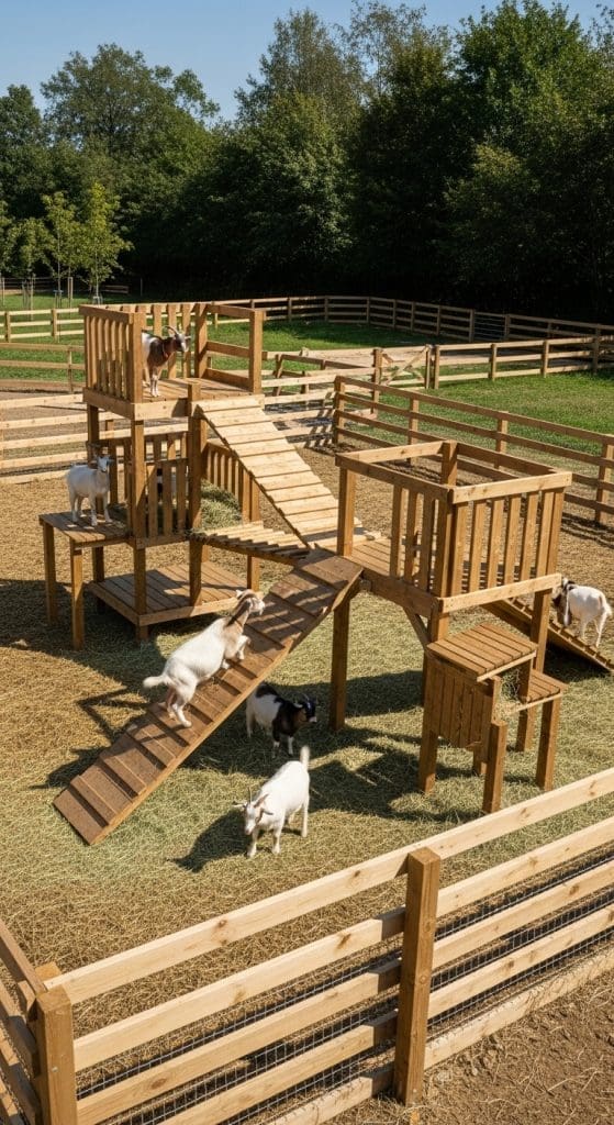 wooden play frame in a goat play pen