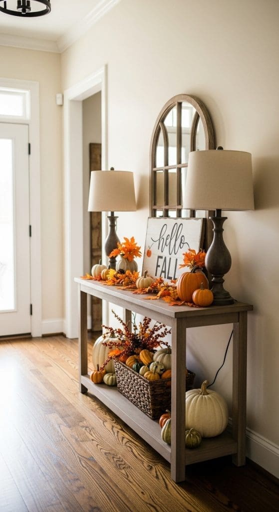 sign that says hello fall on wooden console table with lamps