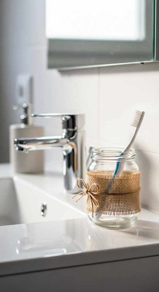burlap on mason jar holding toothbrush