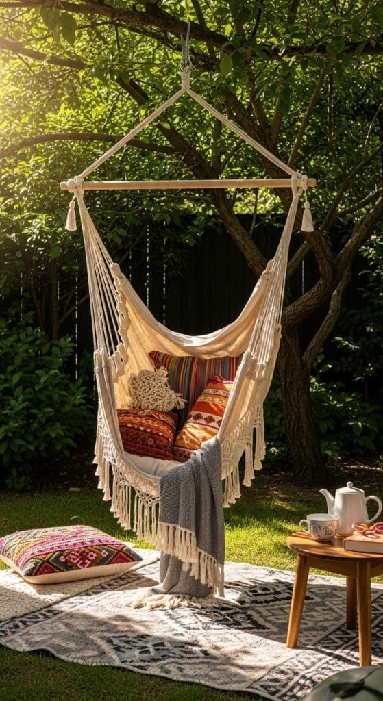 boho hammock hanging from tree 