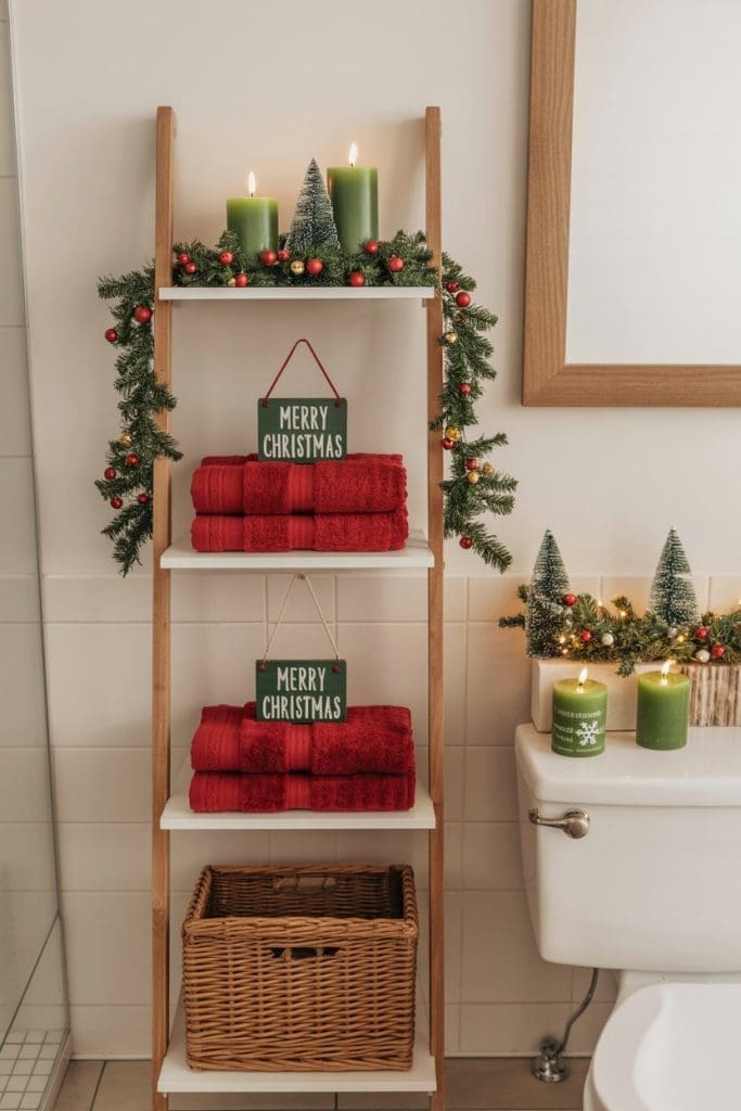 Christmas decorative ladder in bathroom