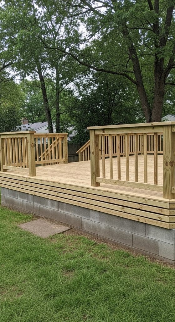 cinder blocks and wooden slats as deck skirting 