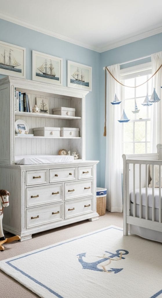 Distressed wood dresser in a nursery